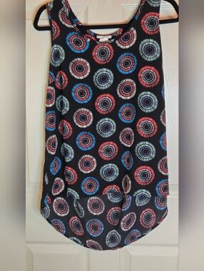 Halogen L Black HighLow with Coral Teal Circular Print Slvless Women Top Blouse